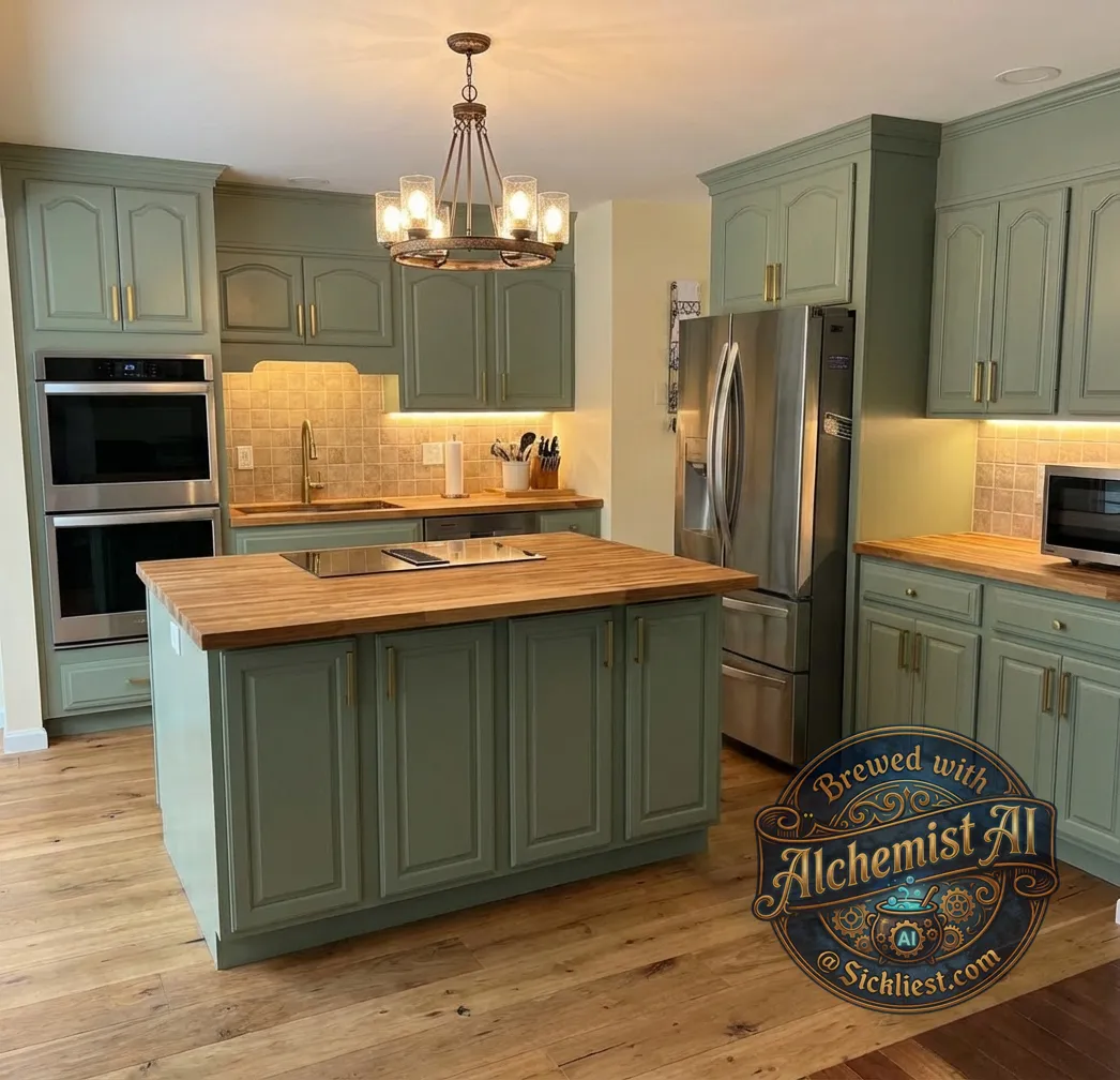 Help imagine an inexpensive kitchen renovation. Replace the existing Island in stool chairs with a much larger Island. Add a built-in stove top to the new Island. Replace the existing oven/stove and hood range with a double built-in wall oven. Change the cabinet color to sage green colored. Change the walls to cream color colored. Change the flooring to a warm light rustic wood floor. Change the countertops to butcher block. Add under cabinet lighting. At a tan/beige tile backsplash. Replace the ceiling light fixture with the more complimentary decorative piece or chandelier.