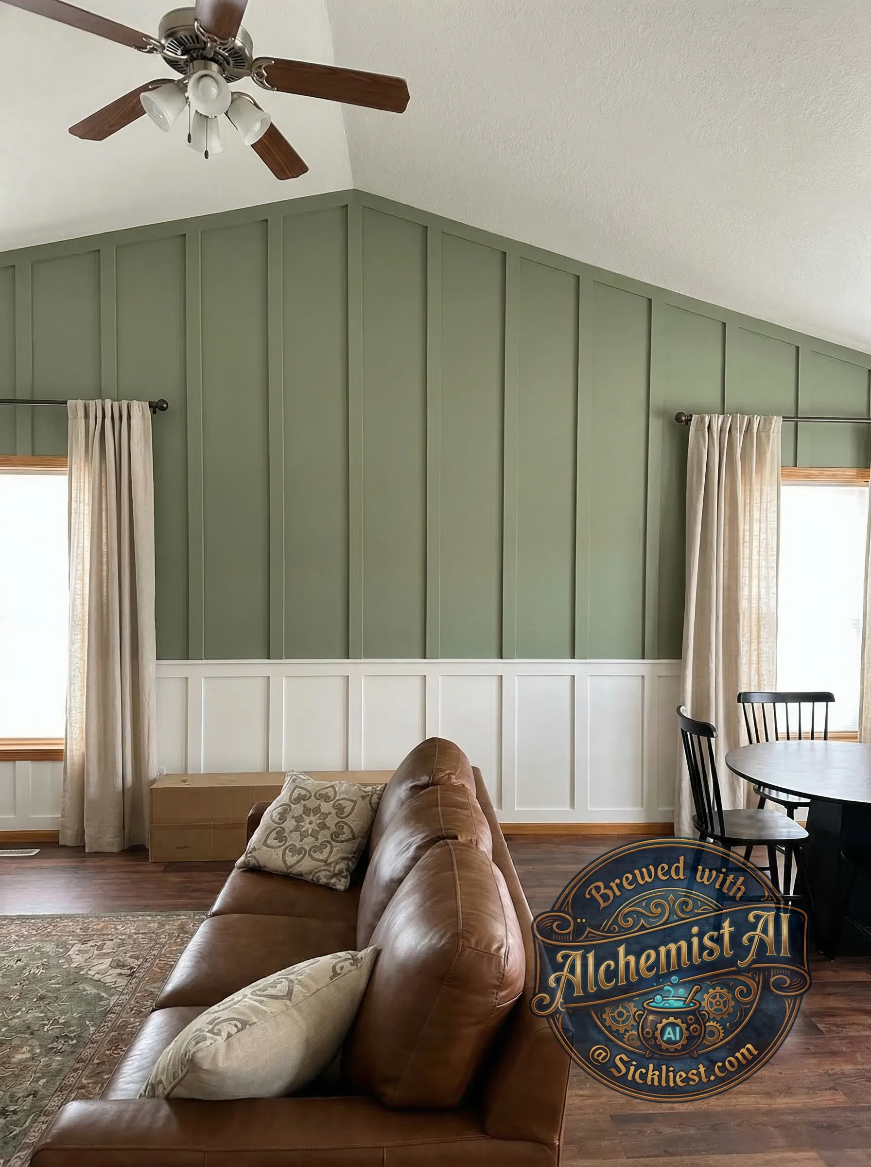 Help reimagine this massive wall in desperate need of a makeover. Could b board & batten / and wainscoting for the bottom third of the wall? Not sure what color(s) either! Colors need to coordinate with honey oak (see trim. Try to embrace the wood as is so don't have to paint/replace kitchen cabinets and trim throughout). Maybe curtains on the windows instead of shades? Be creative, and it's not necessary to follow the the ideas thrown out, just give an idea for a makeover.