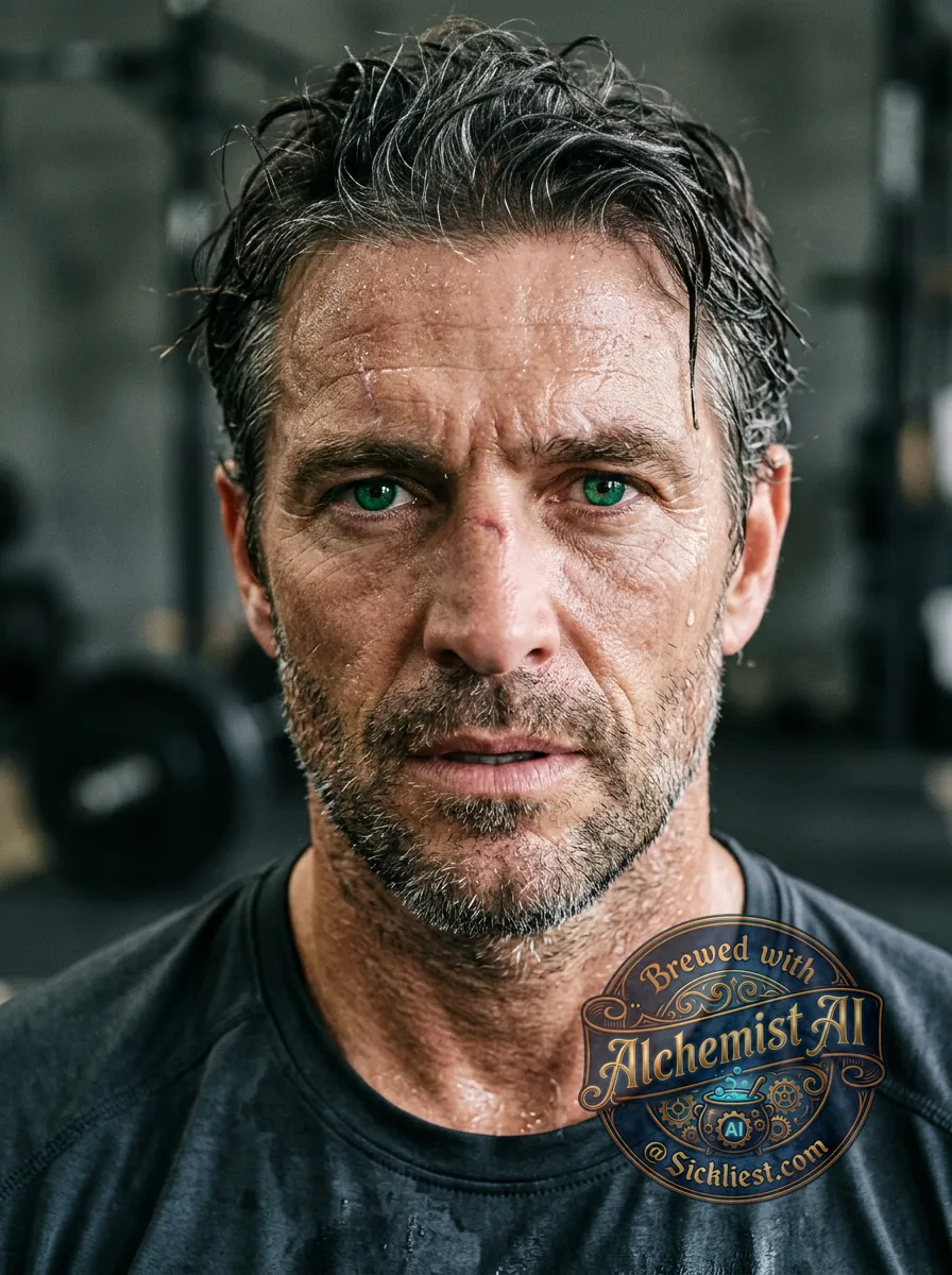 Create a close-up portrait of a ruggedly handsome man in his mid-40s, with a strong, weathered face and piercing, emerald-green eyes that seem to hold a deep sense of wisdom. His dark hair is flecked with threads of silver, and a few days' worth of stubble adds a hint of ruggedness to his chiseled jawline.

A scattering of fine lines and creases around his eyes and mouth speaks to a life of laughter, hardship, and adventure. His nose is slightly crooked, as if it's been broken at least once, and a small, silver scar above his left eyebrow adds a touch of mystery to his rugged features.

The man's skin is slick with sweat, glistening in the light as if he's just emerged from a intense physical exertion. A single droplet of sweat trails down his temple, pausing at the edge of his jawline before falling. His hair is damp and disheveled, clinging to his forehead and temples.

His expression is intense, with a hint of exertion still lingering on his face. His chest rises and falls with rapid breaths, and a faint sheen of perspiration covers his skin, giving him a rugged, athletic appearance.

The background is a blurred, muted gray, allowing the viewer's focus to remain on the man's striking features and captivating expression.