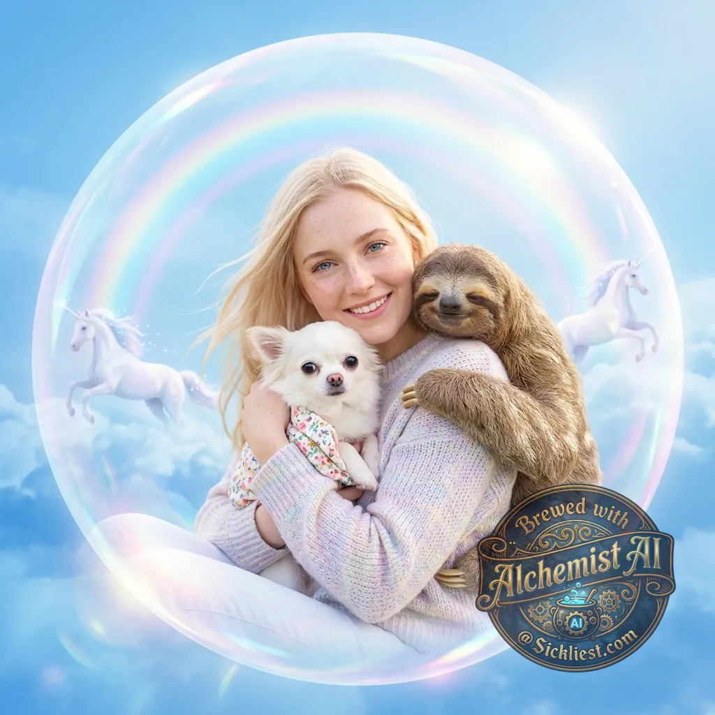 Blonde slender woman with blue eyes and light skin and freckles, with a sloth hugging her, while she cuddles a fluffy white Chihuahua. Backdrop is blue skies with faint rainbows and unicorns. All within a bubble.